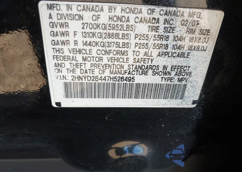 2007 Acura Mdx Technology Package z USA, uszkodzony, nr VIN 2HNYD28447H526495